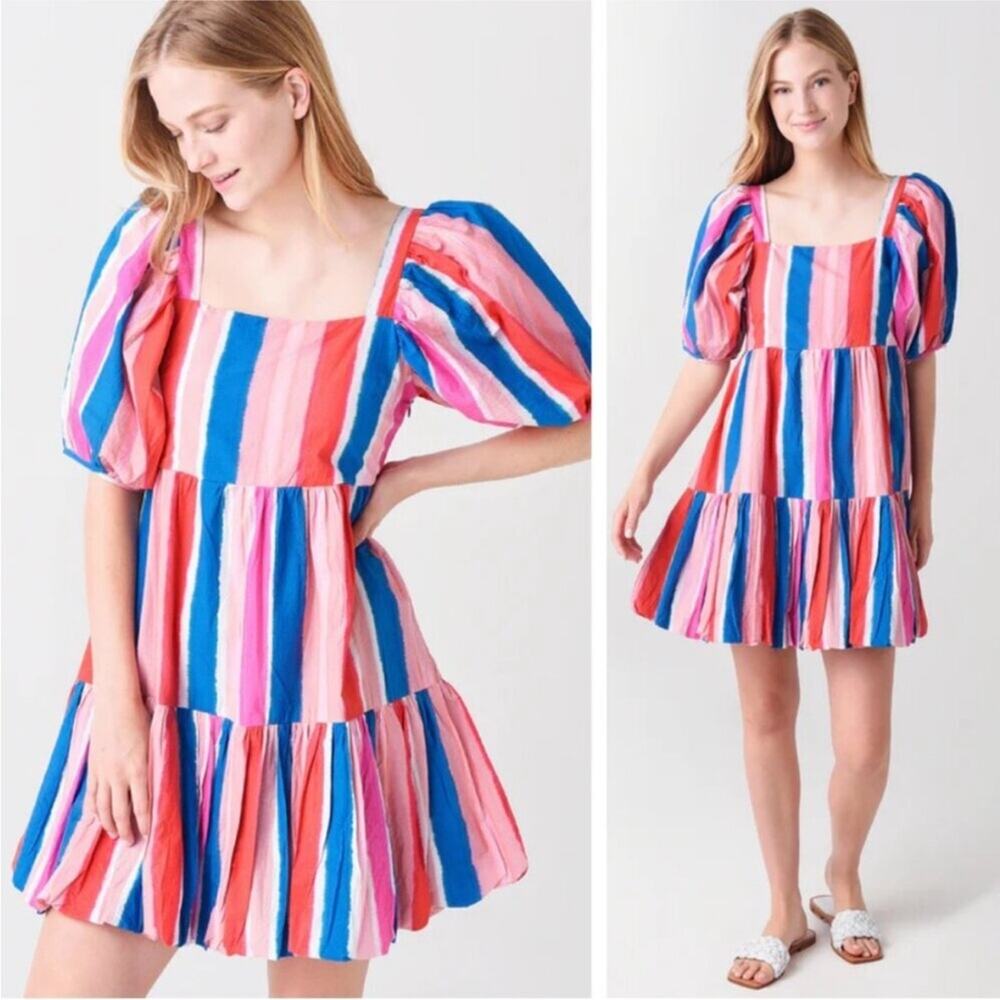 Oliphant Puff Sleeve Dress Colorful Striped Bubble Skirt Mini size Small